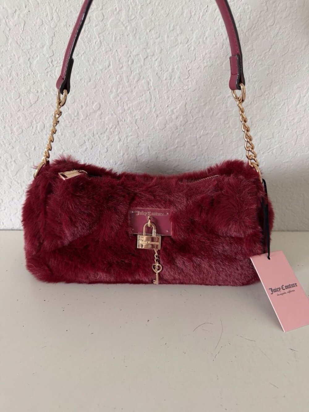 Juicy Couture Furry Fun Crossbody Bag Purse Cranberry Juice Red W/Lock Charm NEW